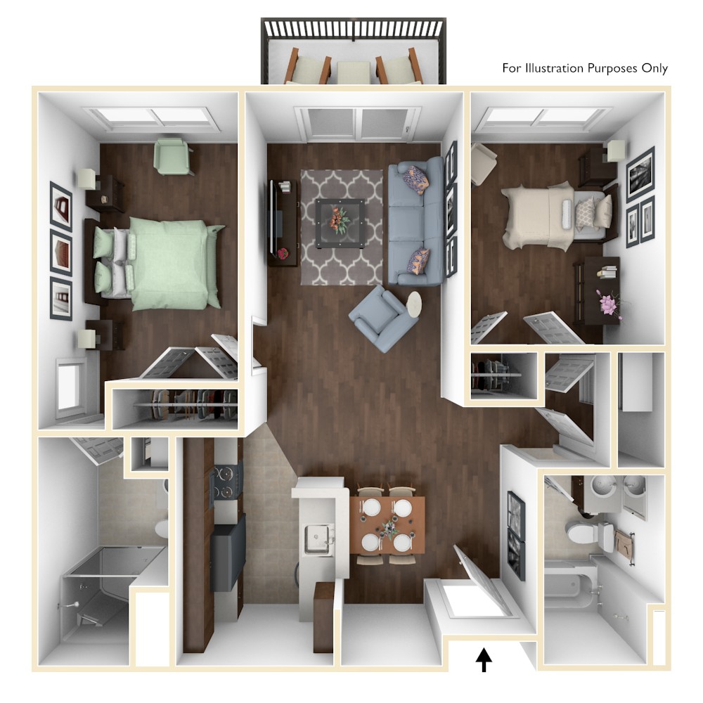 Floor plan for 2 beds, 2 baths, 966 sqft